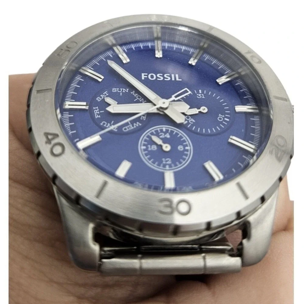 Fossil BQ1056 Mens Blue Dial Stainless Steel Multifunction Watch Tin New Battery